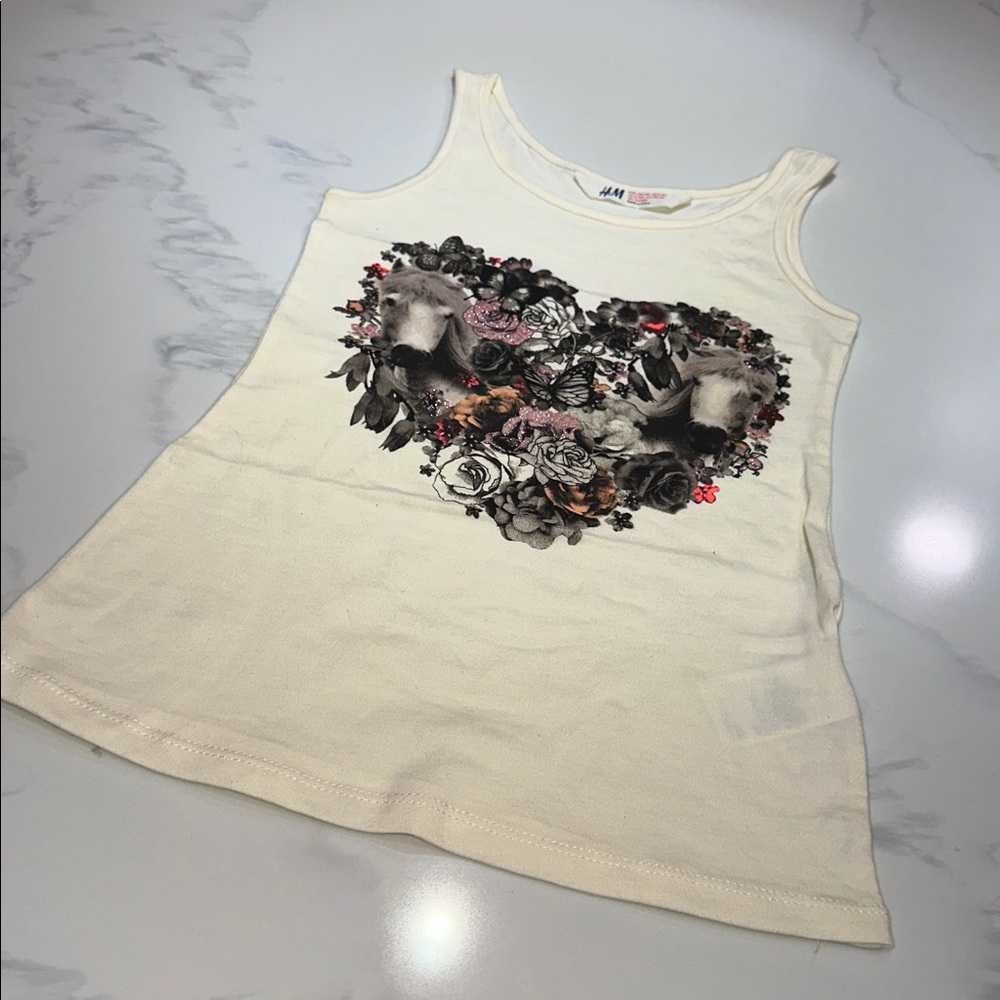 H & M SIZE 8-10 ~GIRLS CREAM SPARKLE FLORAL HORSE CREWNECK TANK TOP~SHIRT - Picture 2 of 13